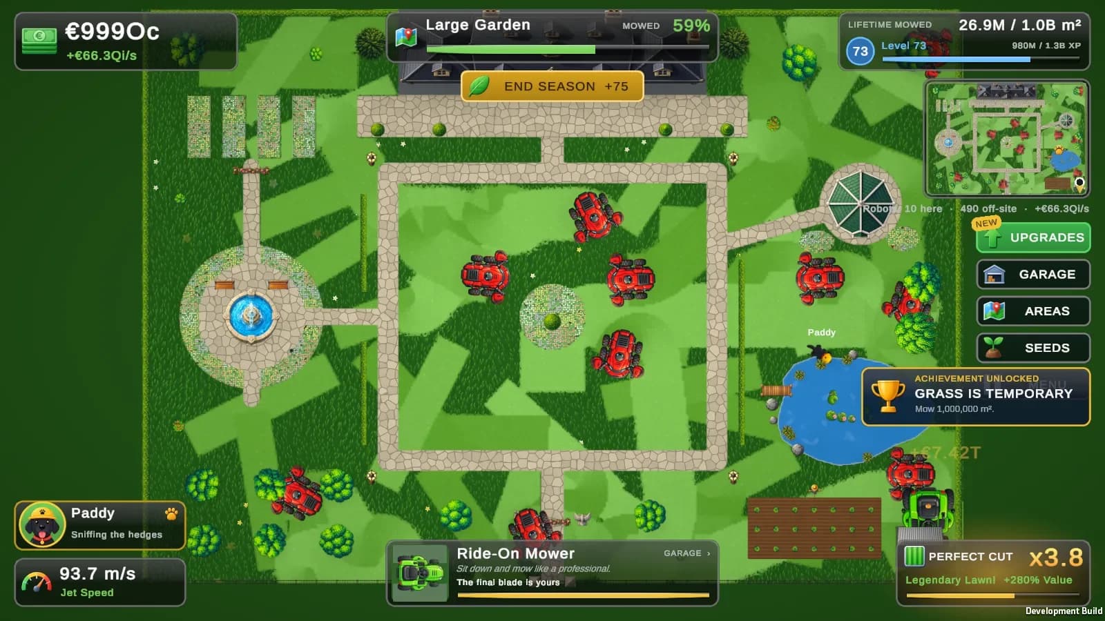 The Large Garden with a fountain, paths and red ride-on robots