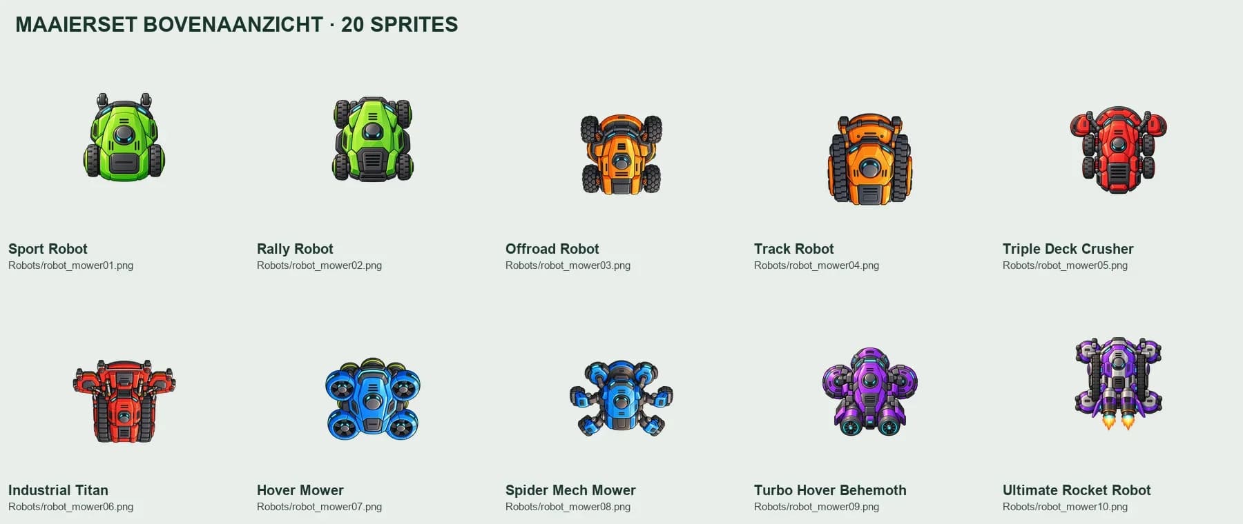 The ten robot mower models seen from above