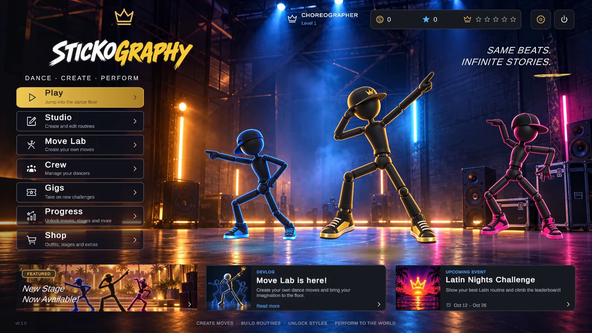 The new main menu with a dancing crew in the background