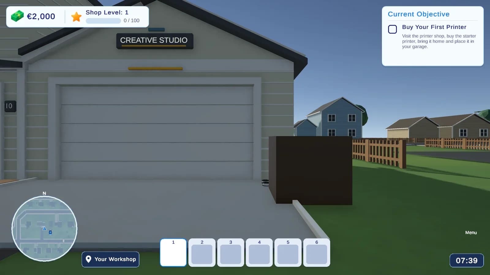 The starter garage with the company sign, fences and the first objective in the HUD.