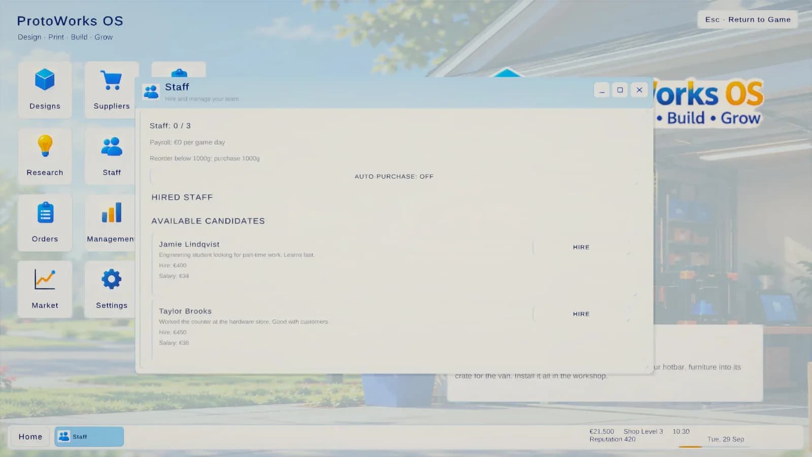 The staff screen with three candidates to hire.