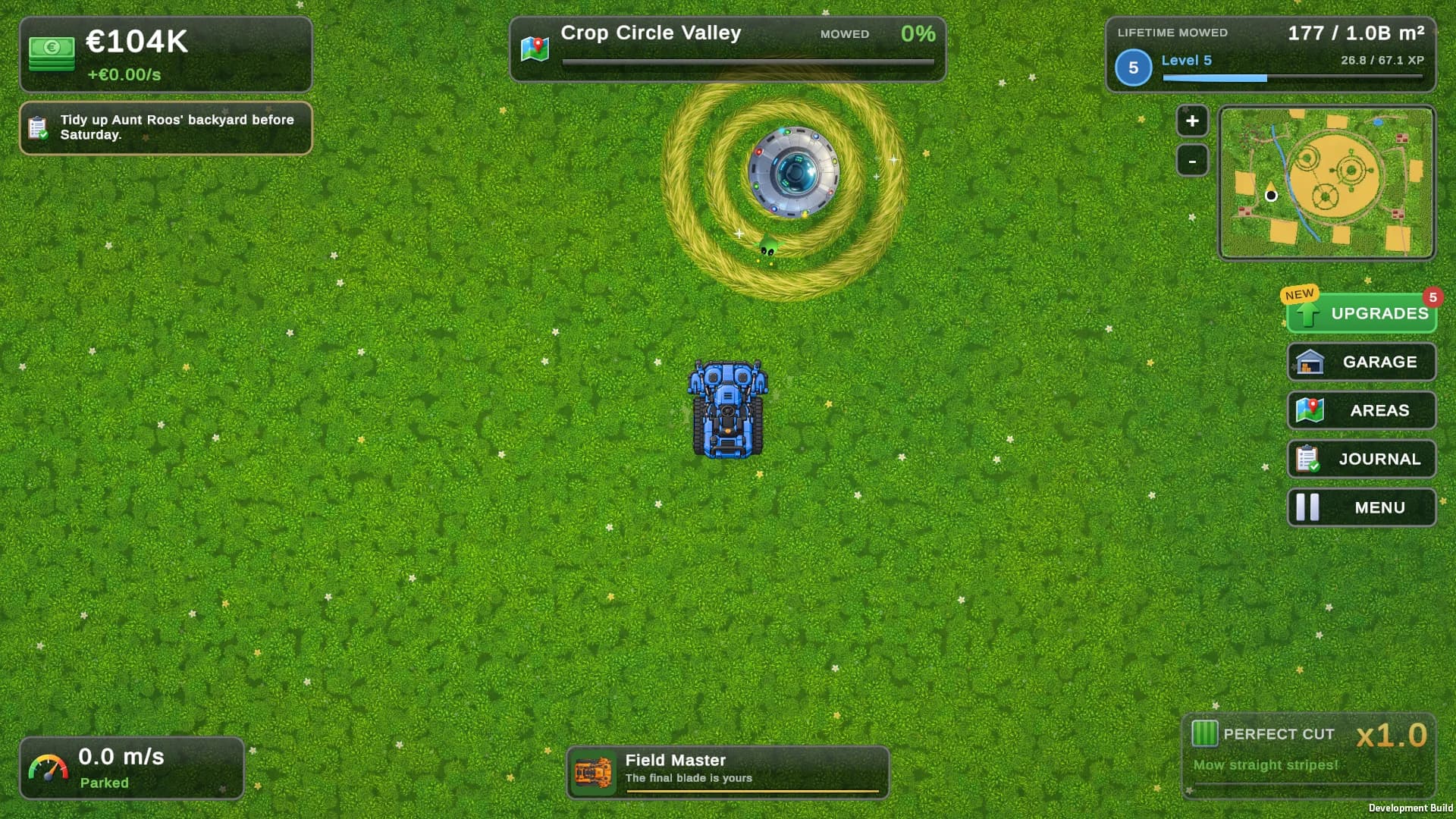 A flying saucer hovers over a fresh crop circle it just beamed into the grass