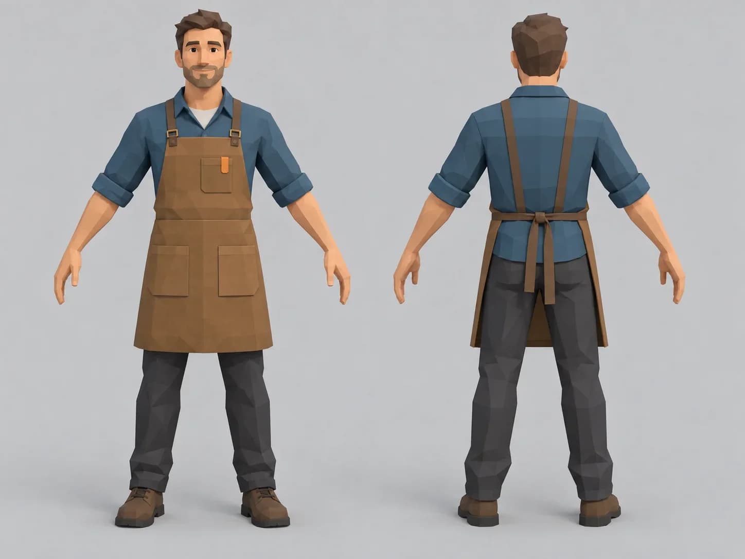Concept art of the shopkeeper in an apron.