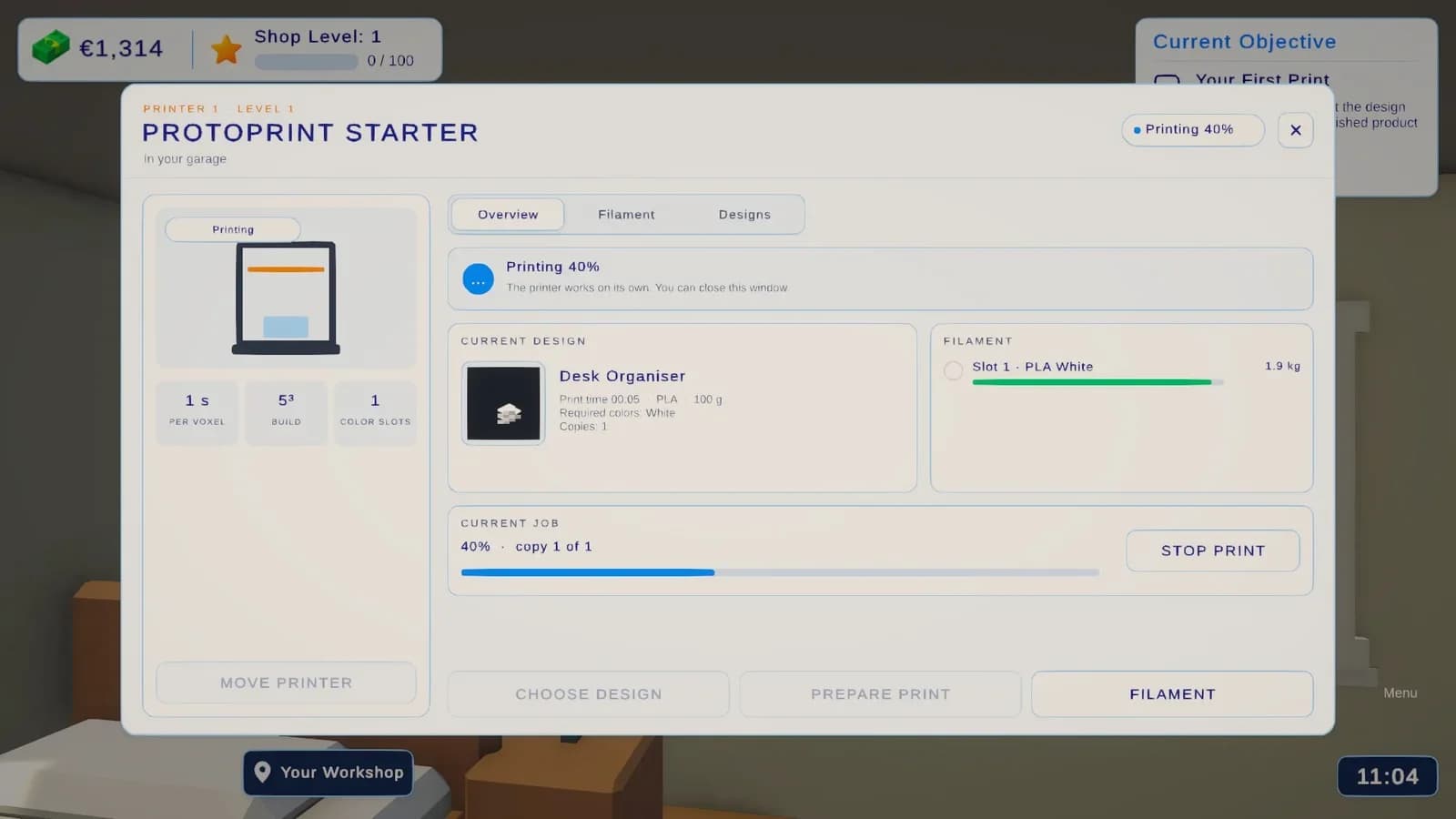 The new printer menu while printing, with live progress.