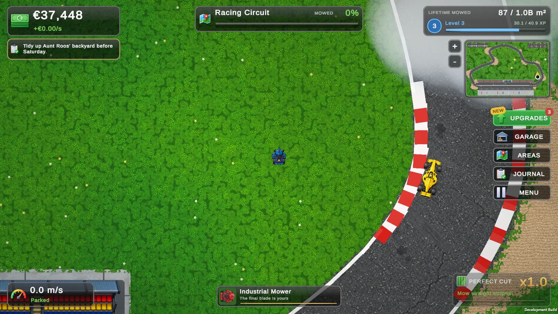 A yellow Formula car takes the bend on the Racing Circuit, red and white kerbs on both sides