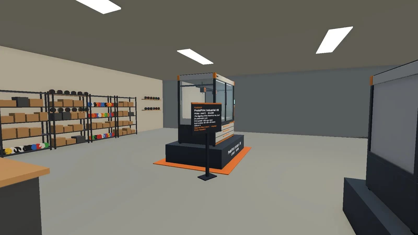The showroom's showpiece under a spotlight on an orange floor.