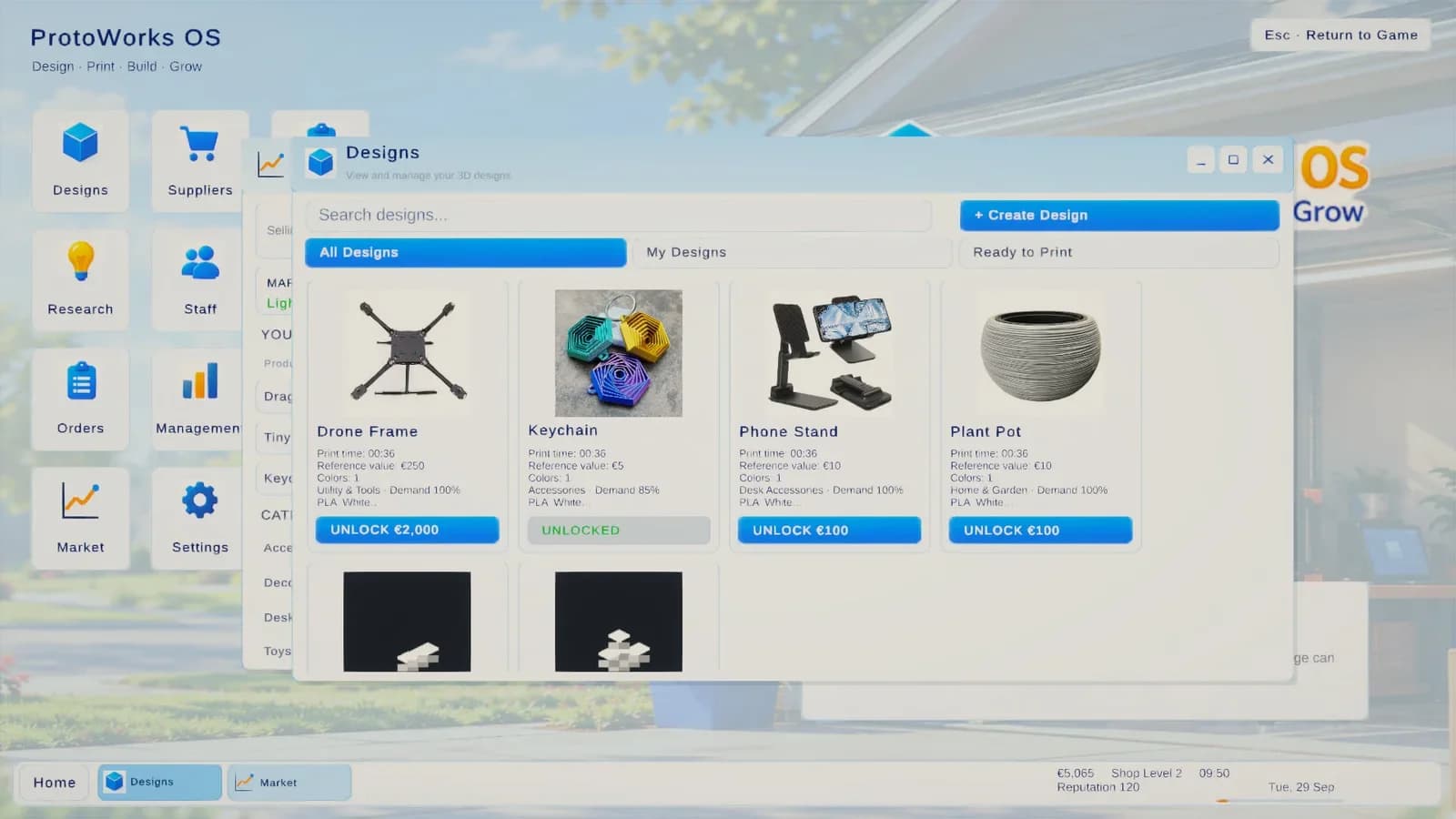 Design cards showing category and current demand.