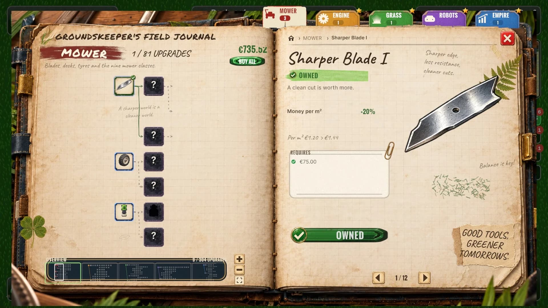 The Groundskeeper's Field Journal with its handwritten upgrade pages