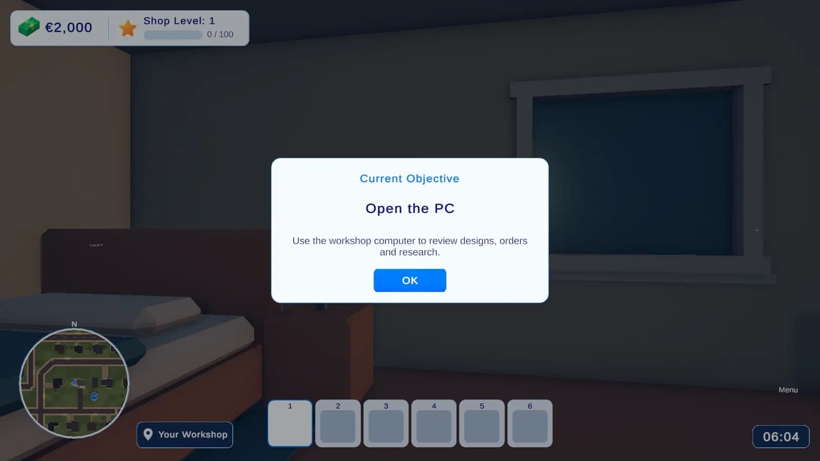 The first objective appears large in the middle of the screen in a new game.