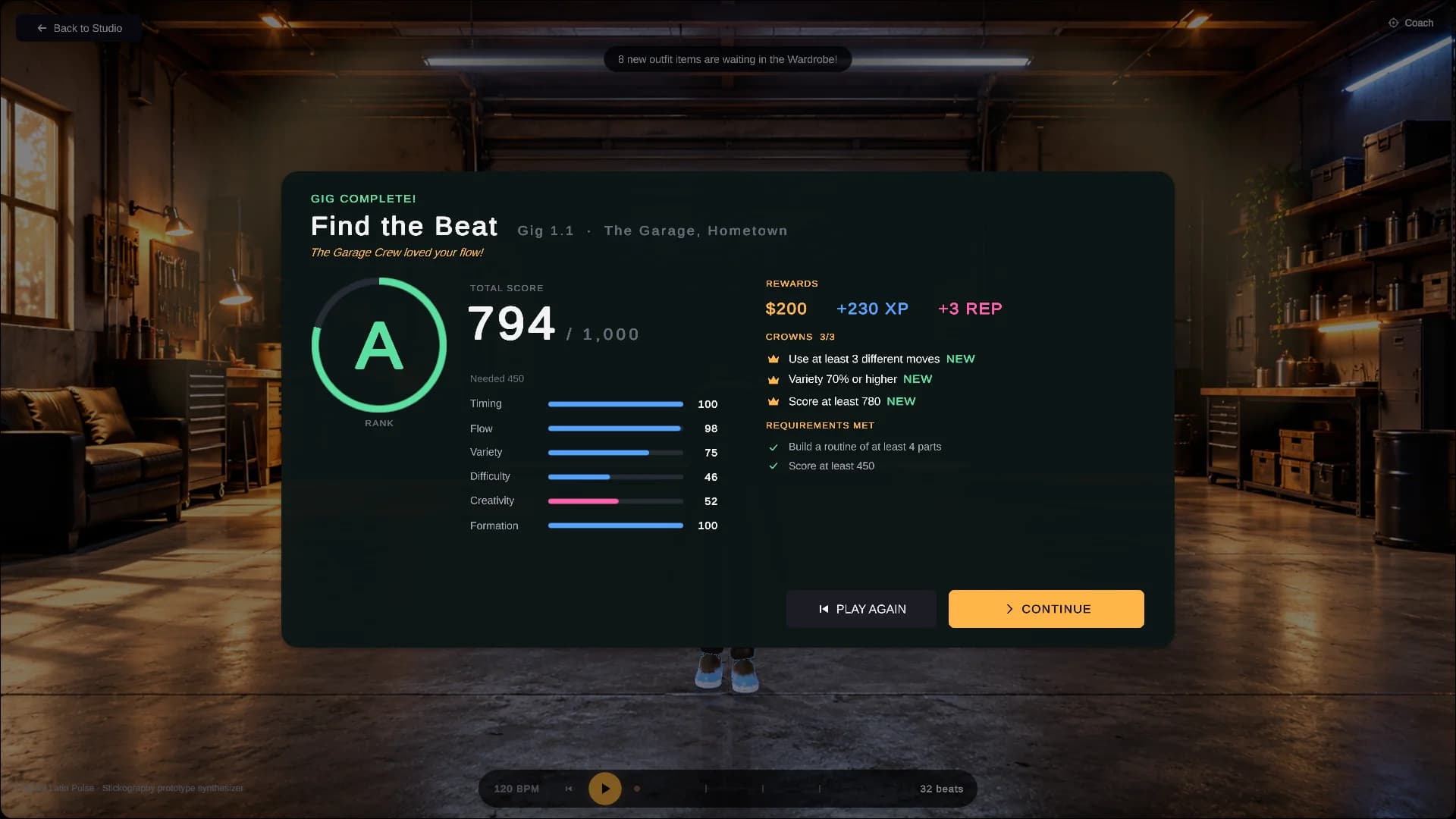 The jury screen shows the score after a gig