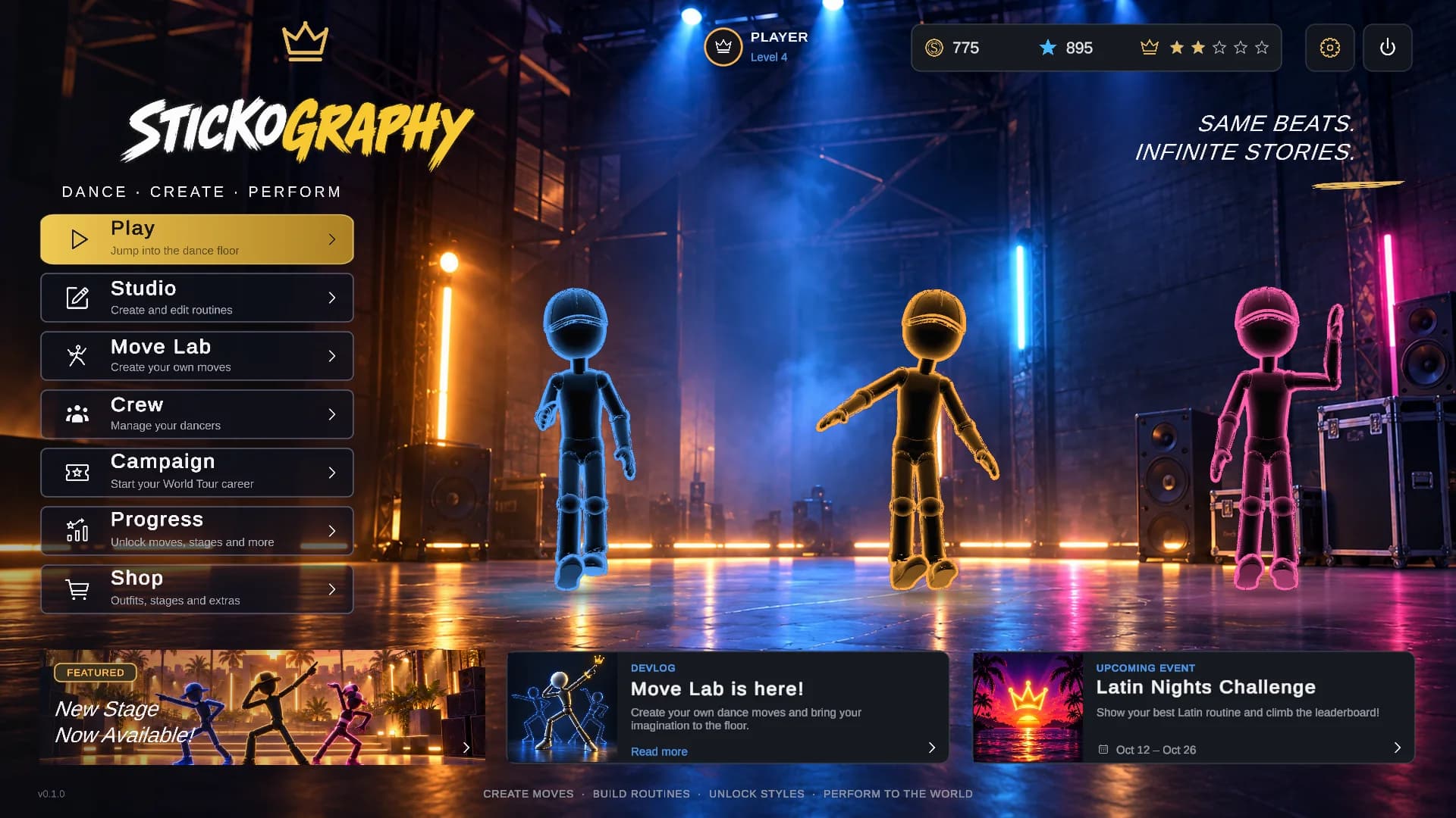 Stickography main menu with three glowing stick-figure dancers on a warehouse stage
