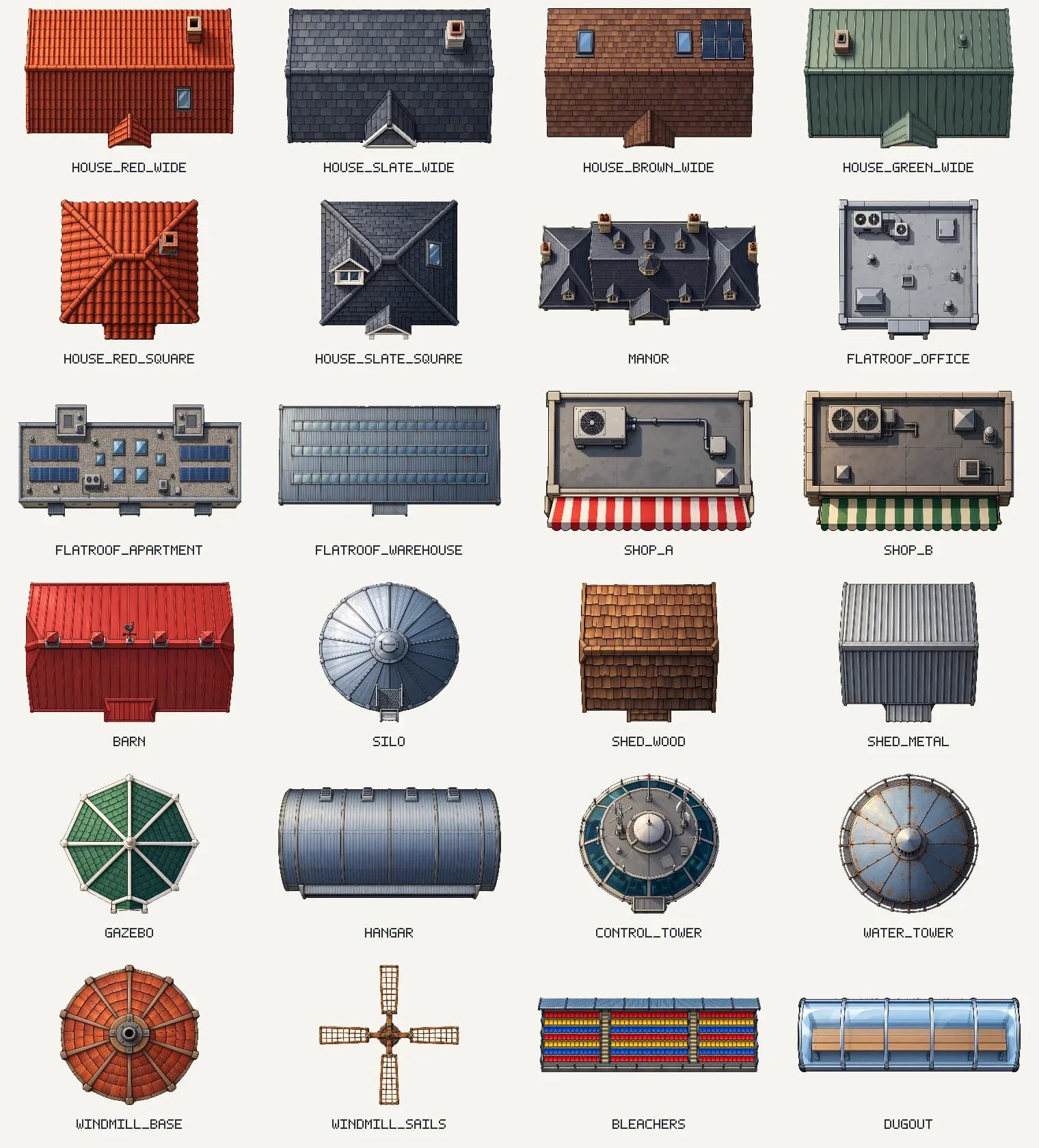 Top-down roofs and buildings: houses, barn, silo, hangar and more