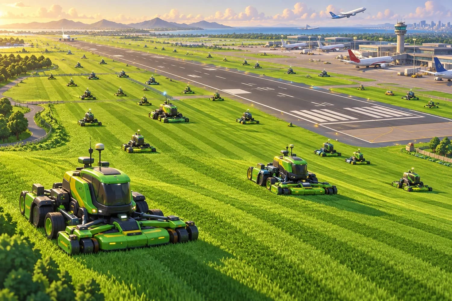 Late game mowers near an airport runway